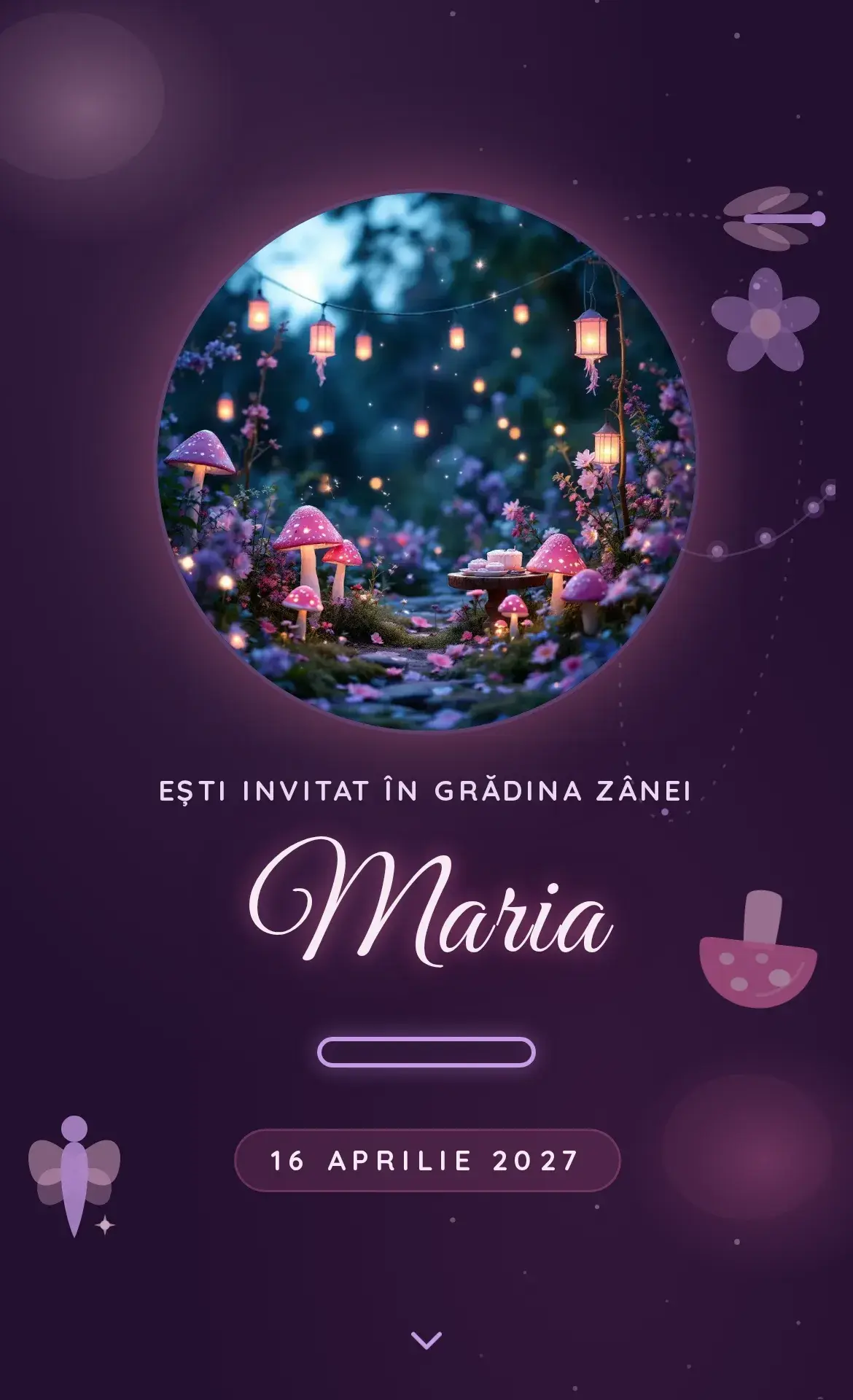 Invitație digitală de aniversare cu grădină fermecată, zâne și licurici în tonuri de roz și mov