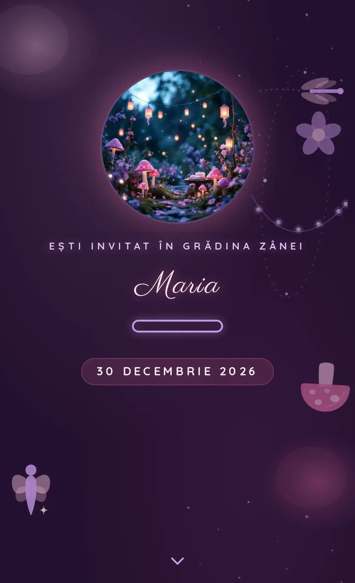 Invitație digitală de aniversare cu grădină fermecată, zâne și licurici în tonuri de roz și mov