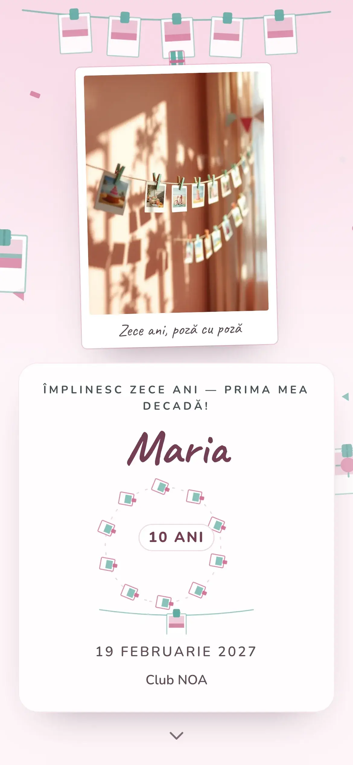 Invitație digitală de aniversare de 10 ani cu fotografii prinse în cârlige pe o sfoară și un „10” decupat din carton