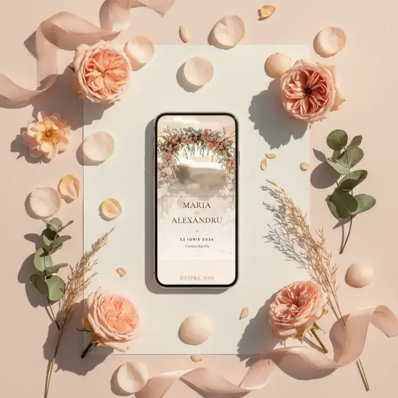 Invitație nuntă digitală model Zori cu RSVP