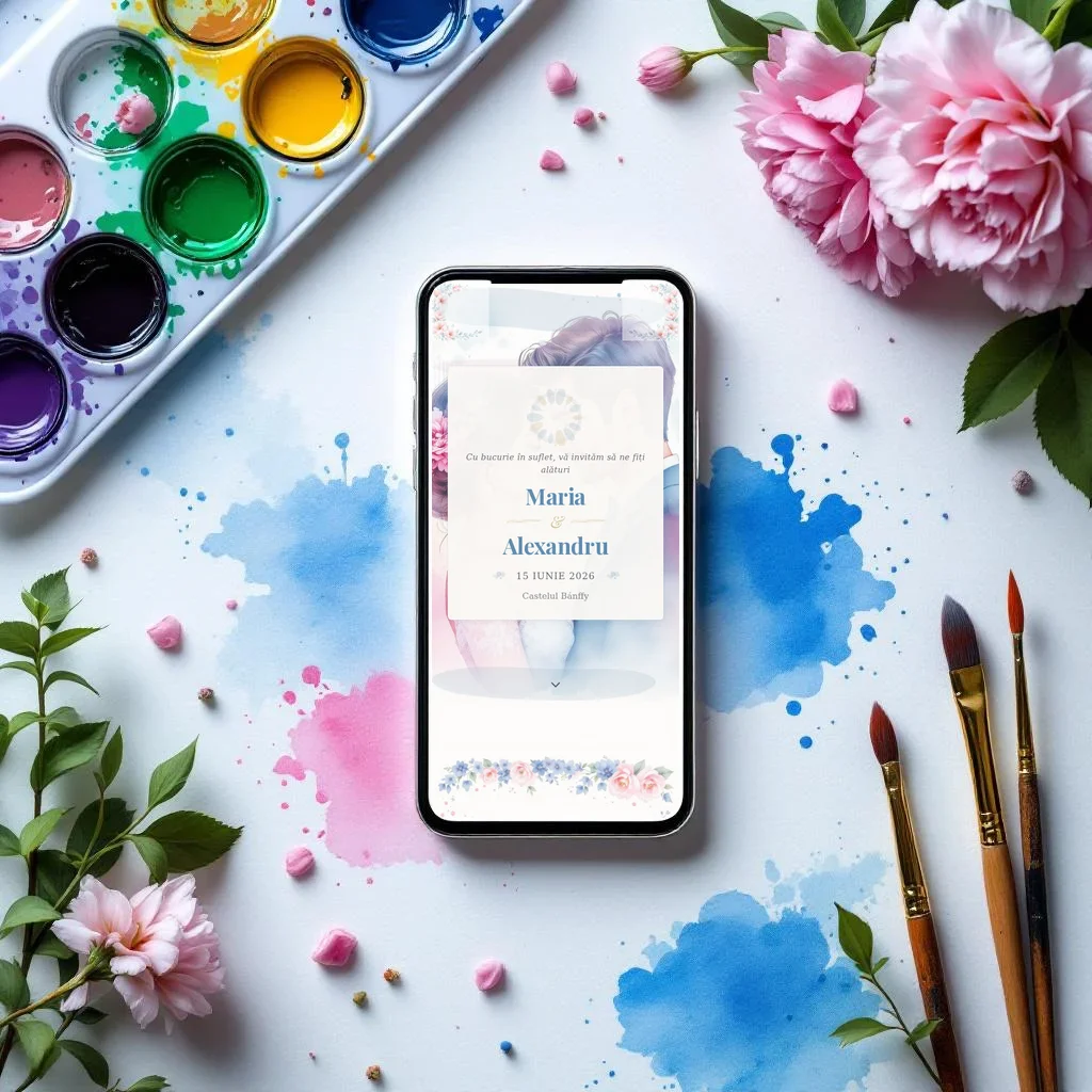 Invitație nuntă digitală model Aquarelle cu RSVP