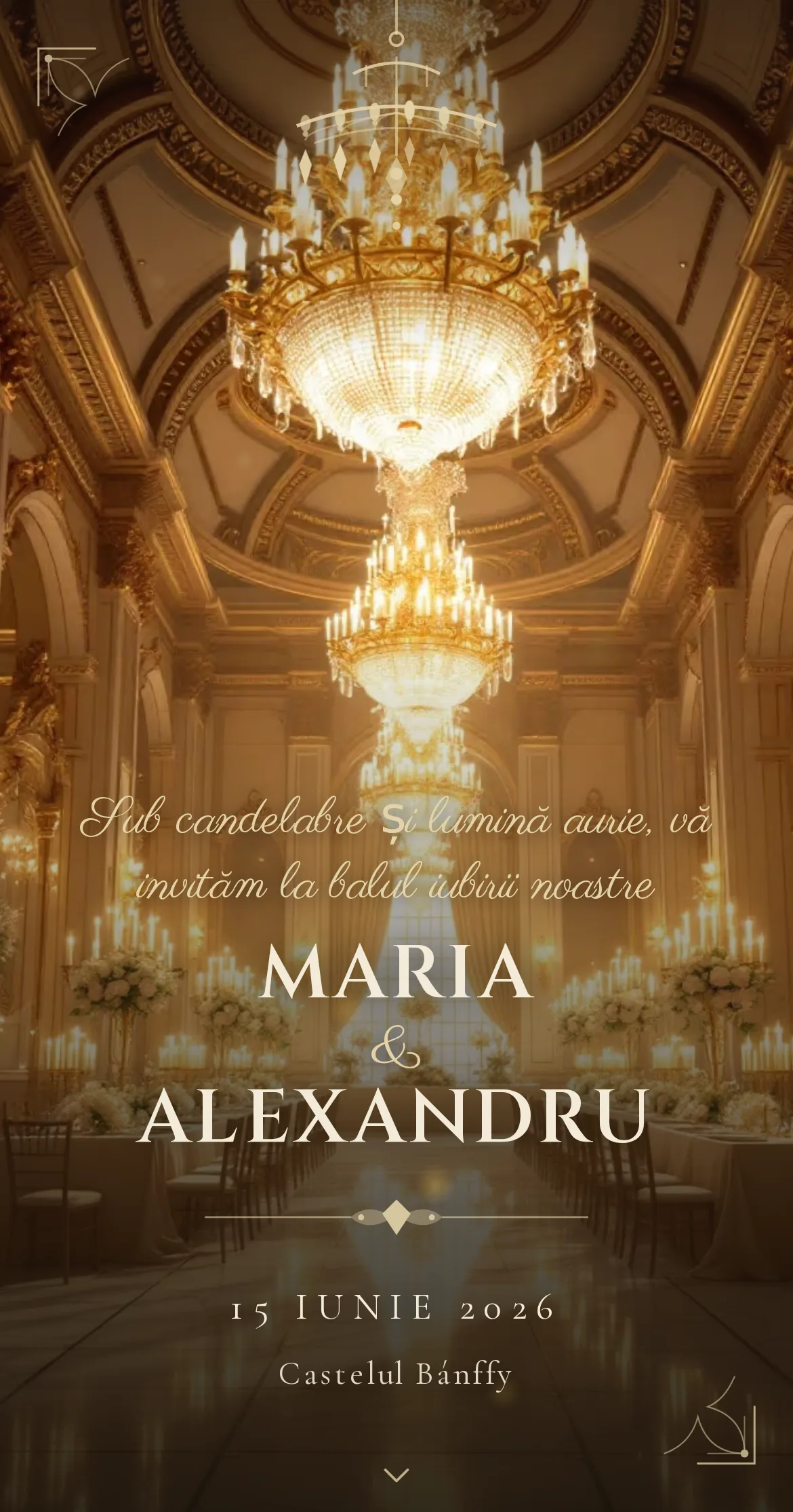 Invitație digitală de nuntă cu o sală de bal opulentă, candelabre de cristal aurii și un vals sub lumini calde