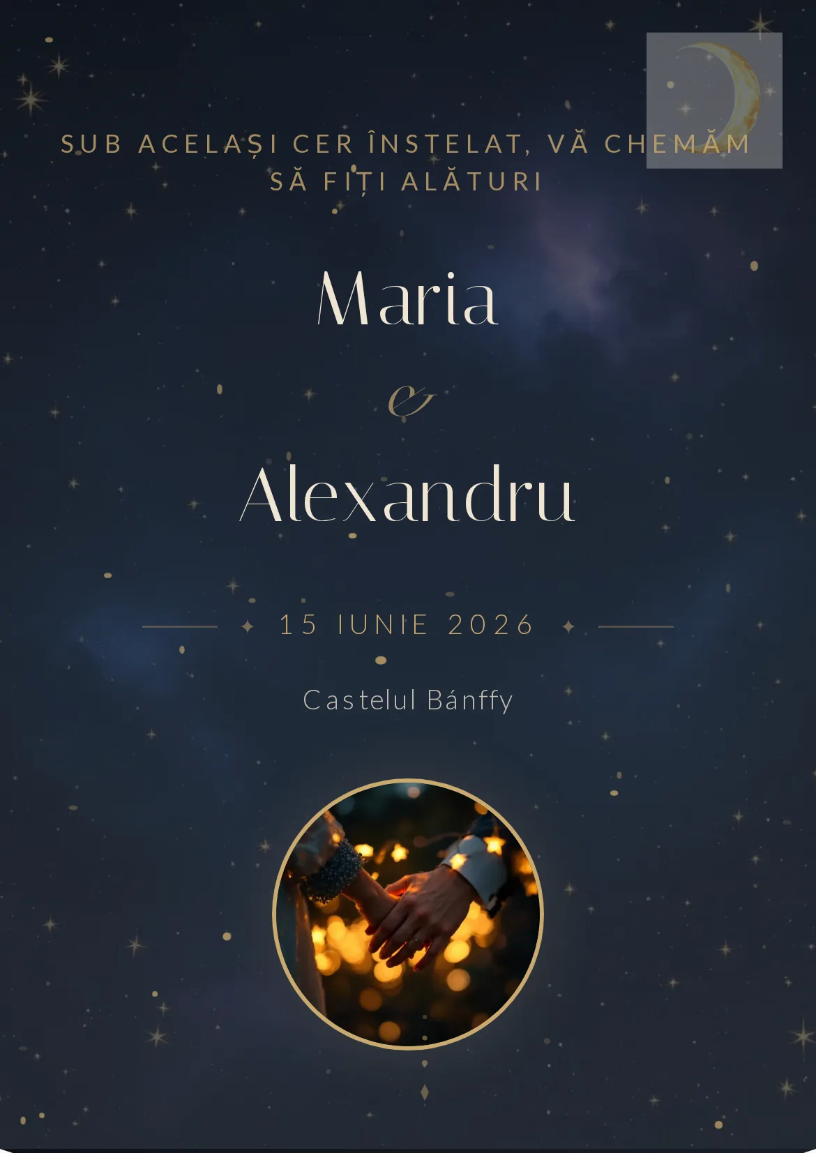 Invitație digitală de nuntă celestială cu stele pe fundal de noapte