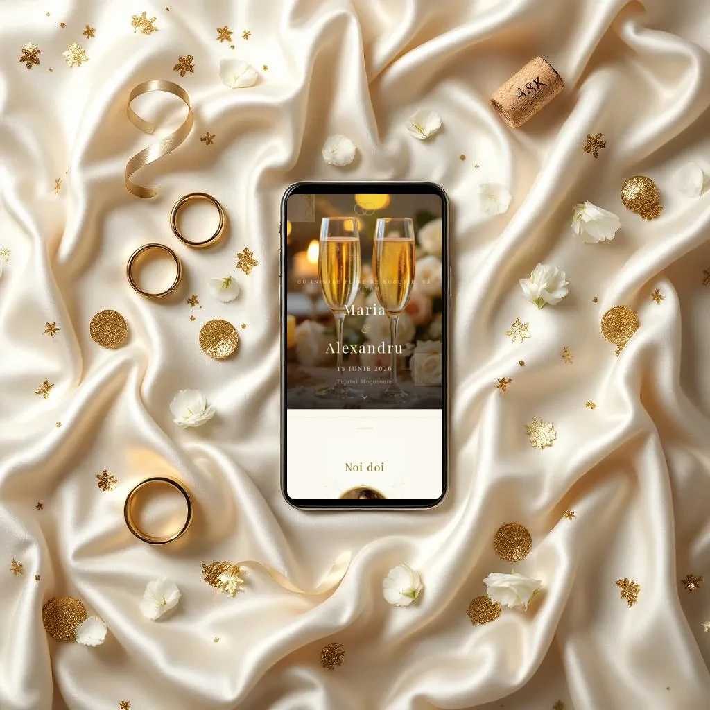 Invitație nuntă digitală model Champagne cu RSVP