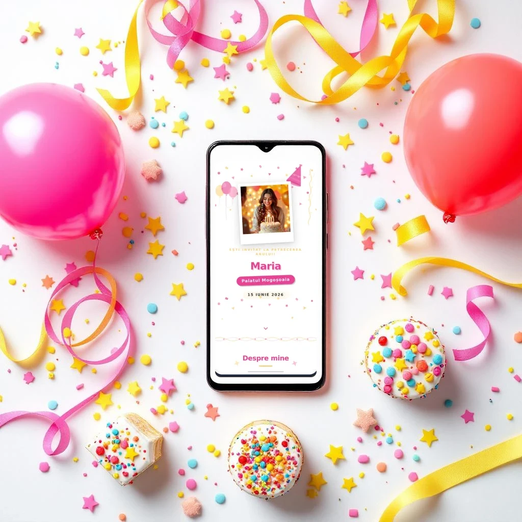Invitație aniversare digitală model Confetti cu RSVP