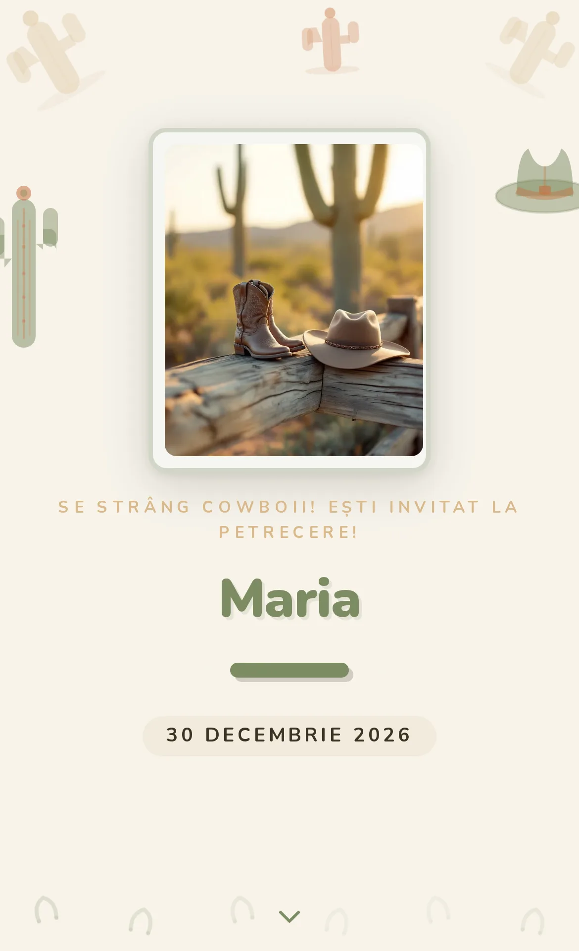 Invitație digitală de aniversare cu cizme de cowboy, pălărie și cactus în deșert la apus, în nuanțe verde-salvie și nisip