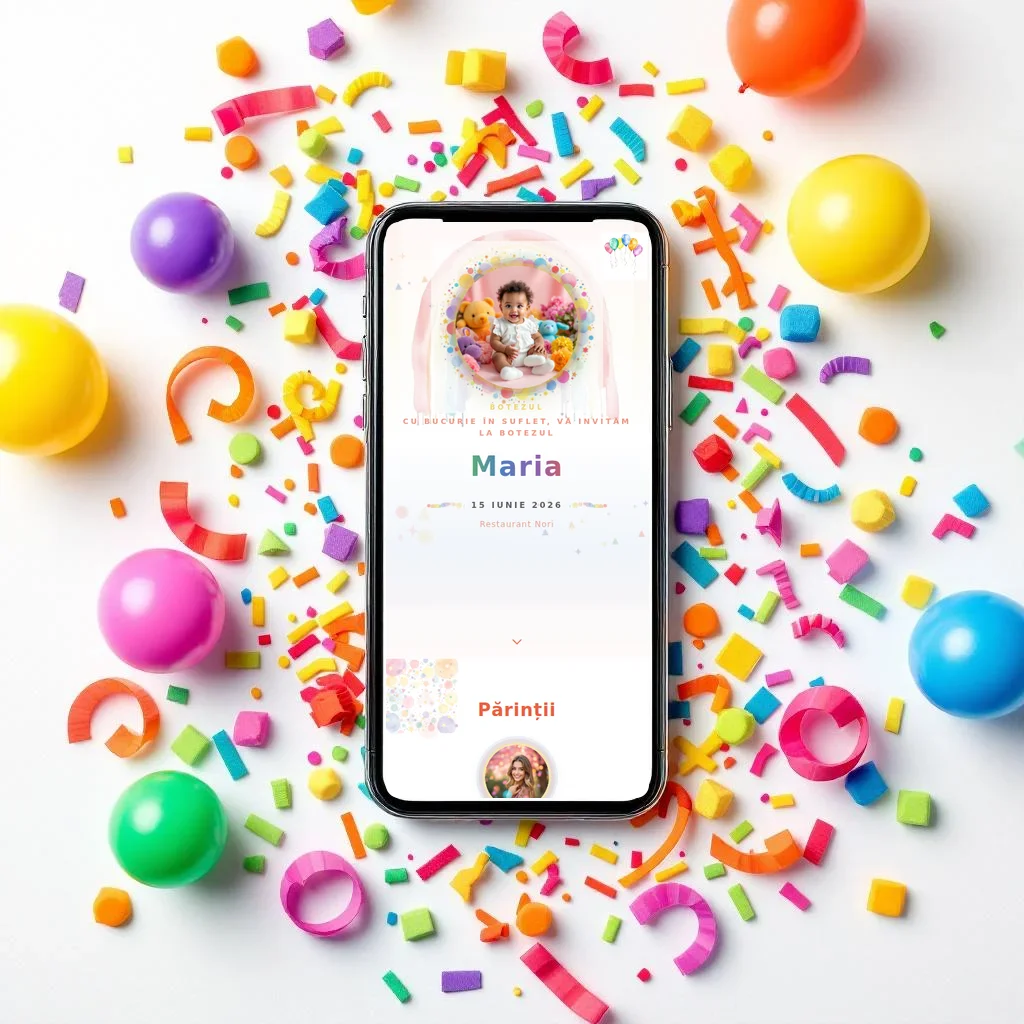 Invitație botez digitală model Curcubeu cu RSVP