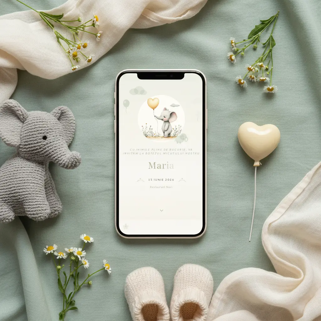 Invitație botez digitală model Elefănțel cu RSVP
