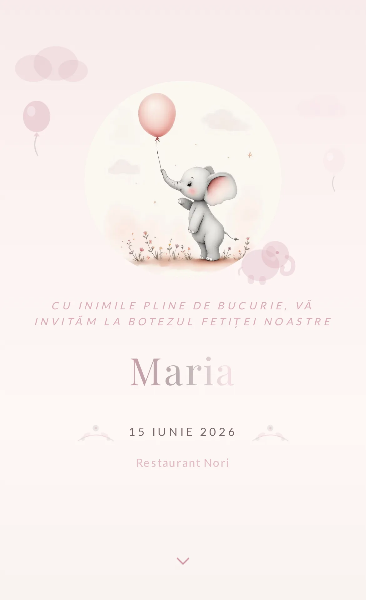 Invitație digitală de botez cu un pui de elefănțel care ține un balon în nuanțe delicate de roz