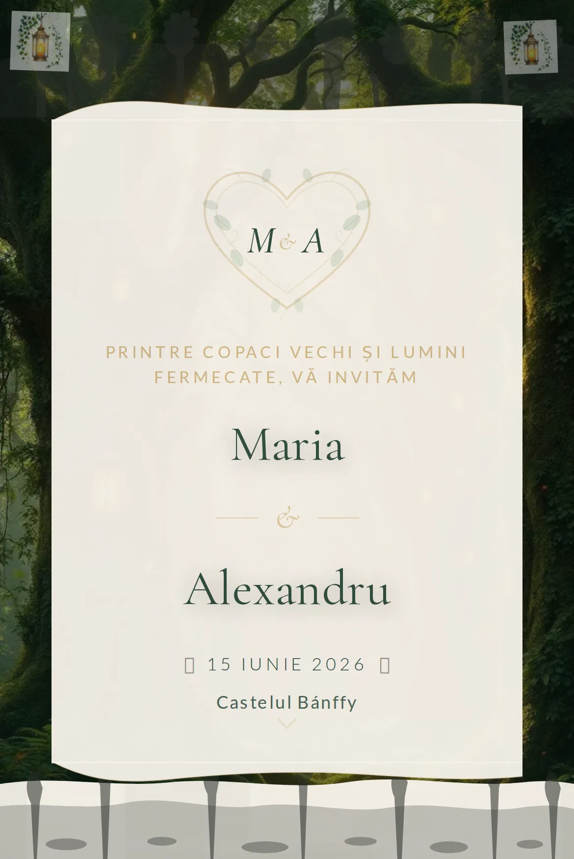 Invitație digitală de nuntă cu pădure fermecată și frunziș verde-mușchi