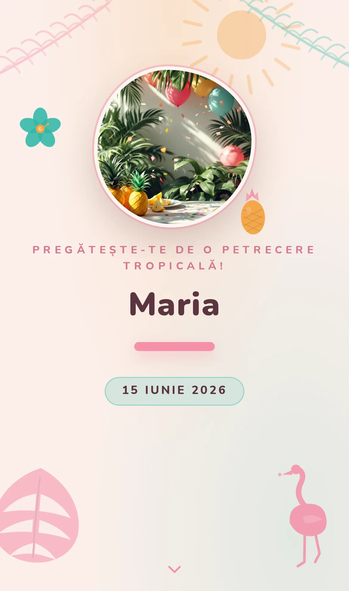 Invitație digitală de aniversare tropicală cu flamingo, palmieri și frunze de monstera