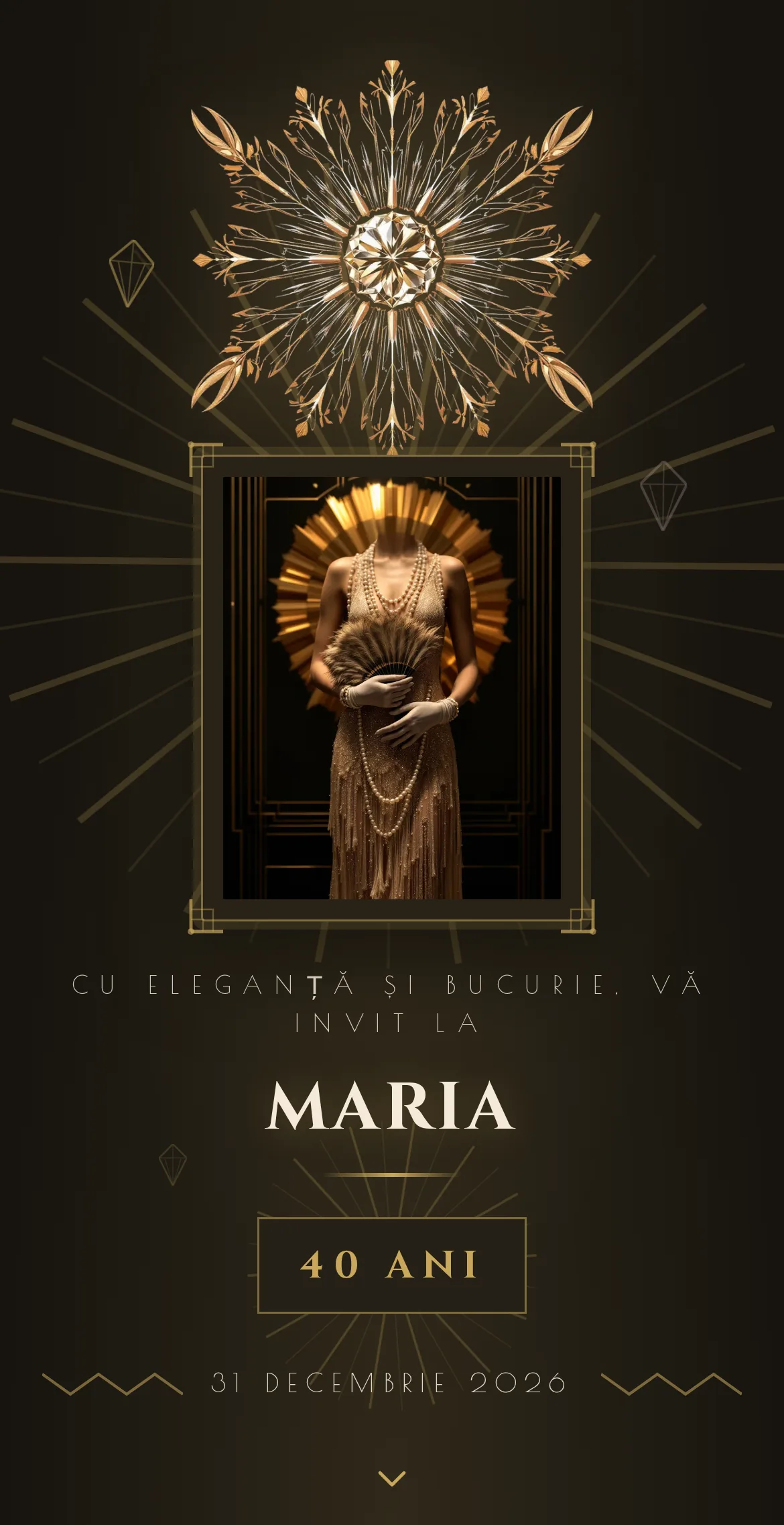 Invitație digitală de aniversare Art-Deco cu evantai auriu radiant pe fundal negru lăcuit