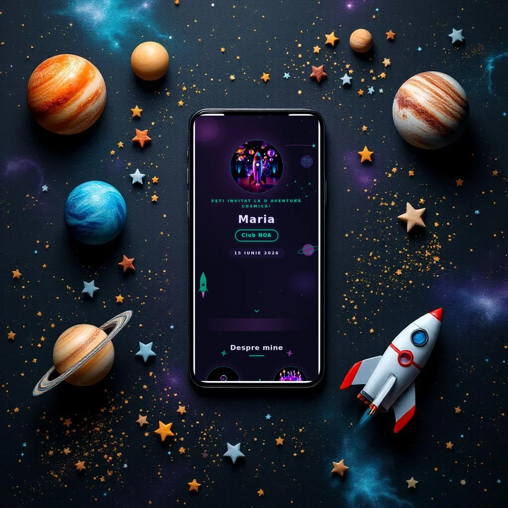 Invitație aniversare digitală model Galaxie cu RSVP