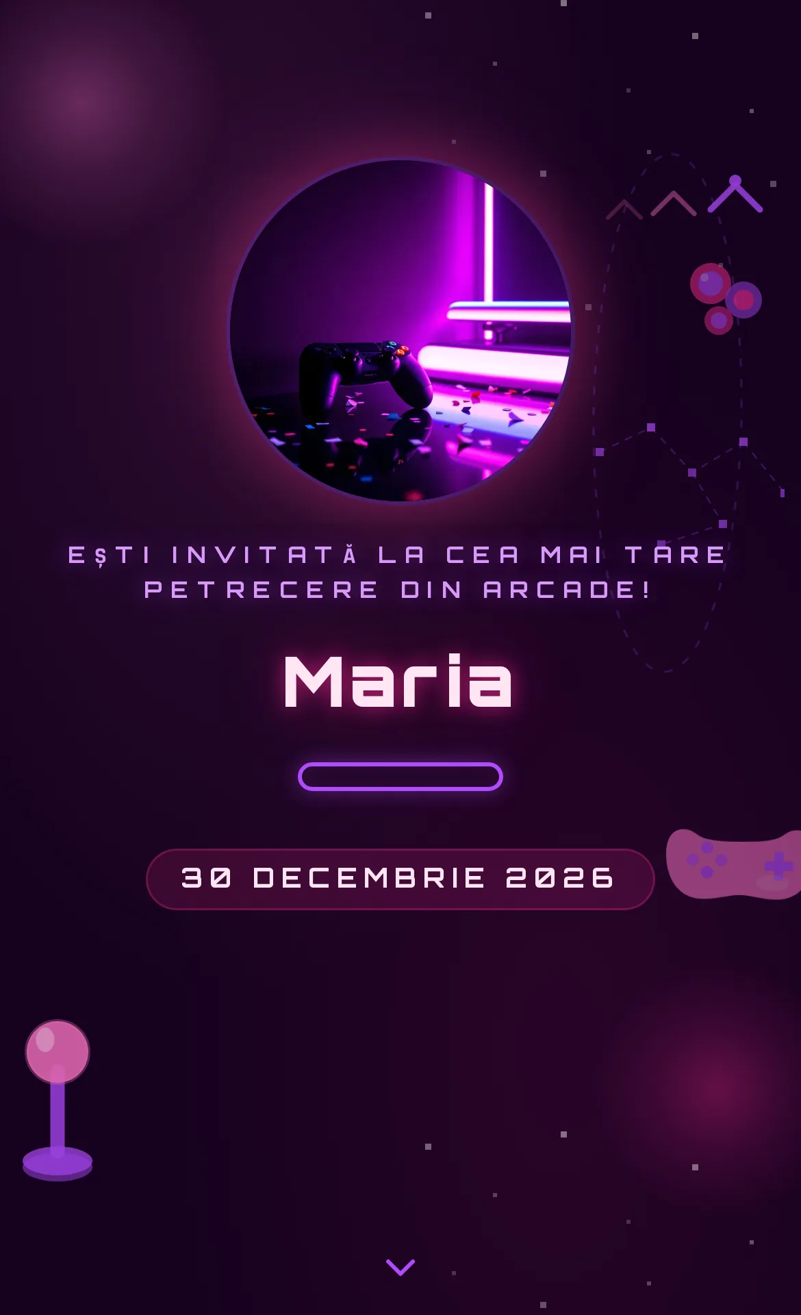 Invitație digitală de aniversare cu tematică gaming, controller și neon magenta