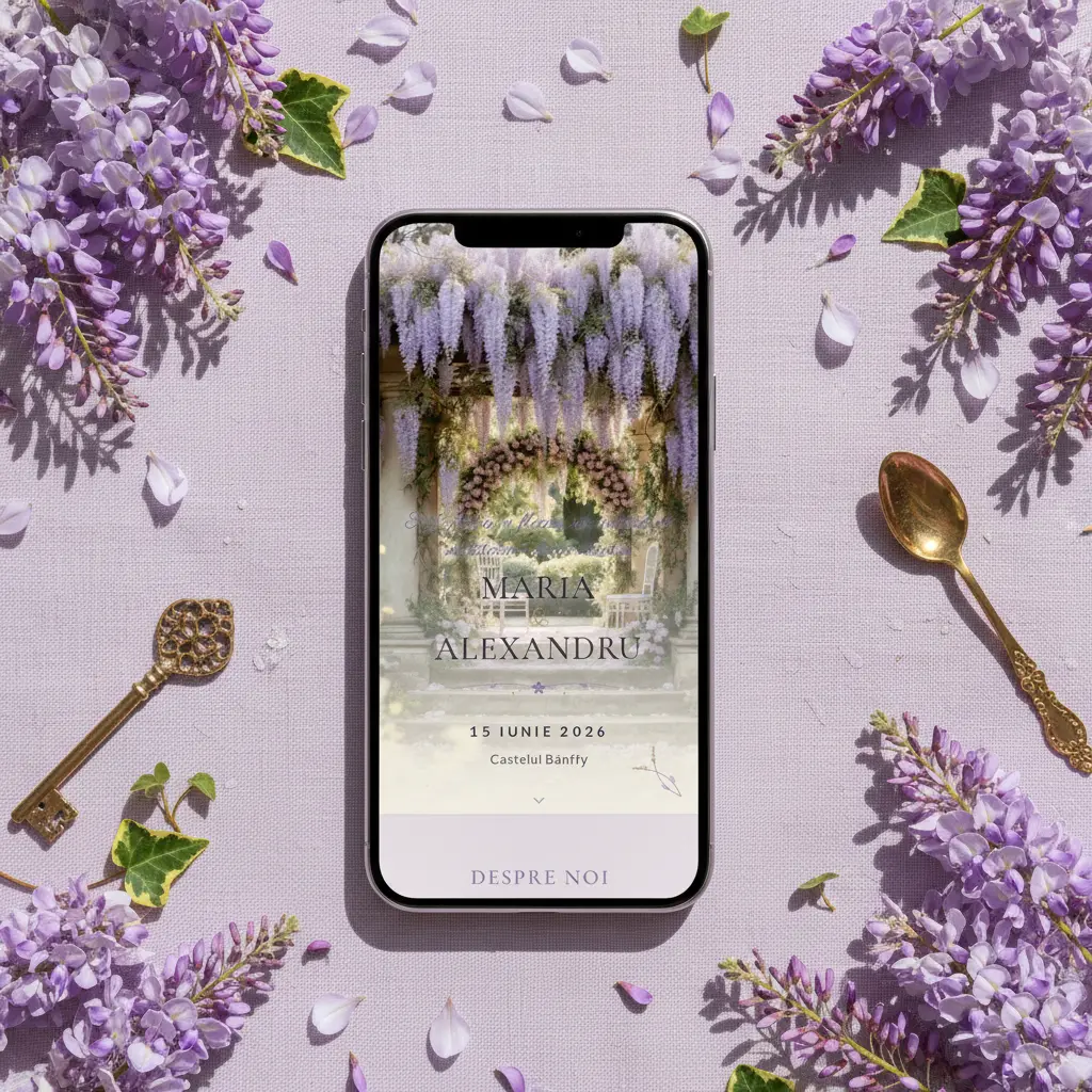 Invitație nuntă digitală model Glicina cu RSVP