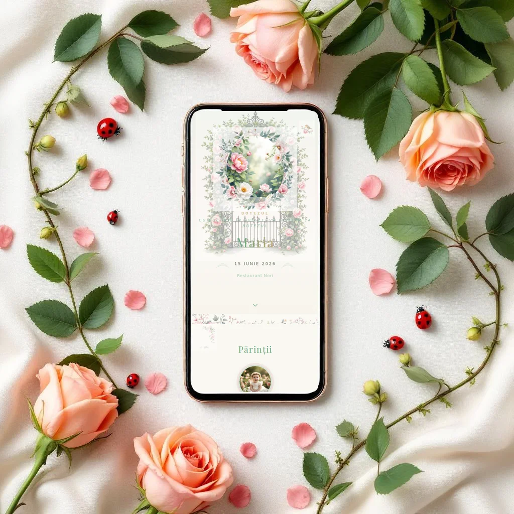 Invitație botez digitală model Grădina cu RSVP