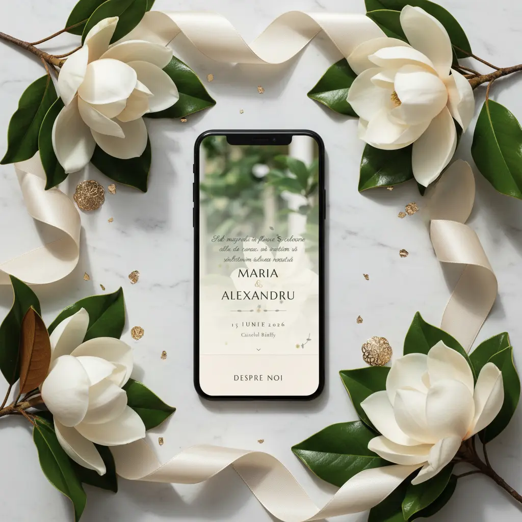 Invitație nuntă digitală model Magnolie cu RSVP