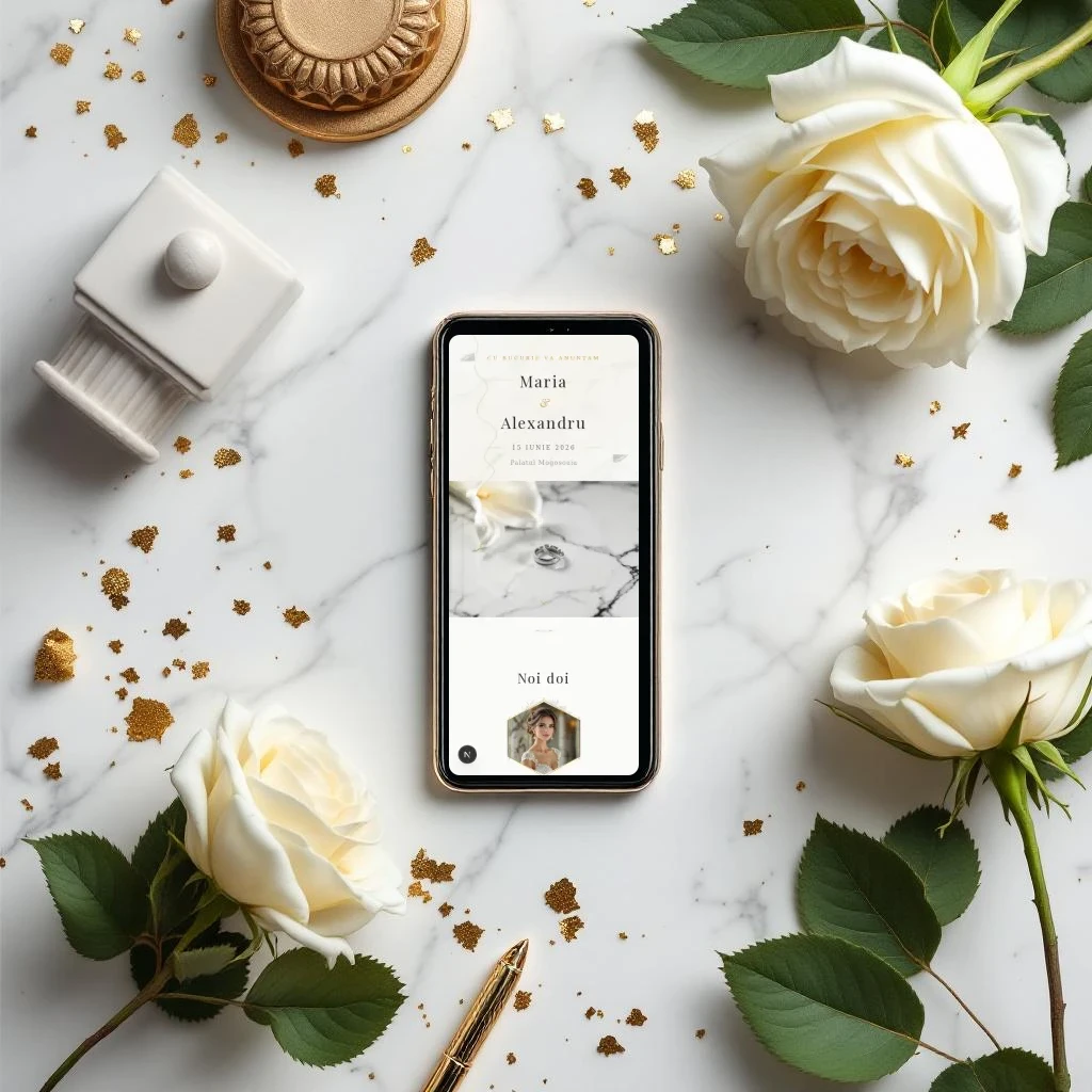 Invitație nuntă digitală model Marble cu RSVP