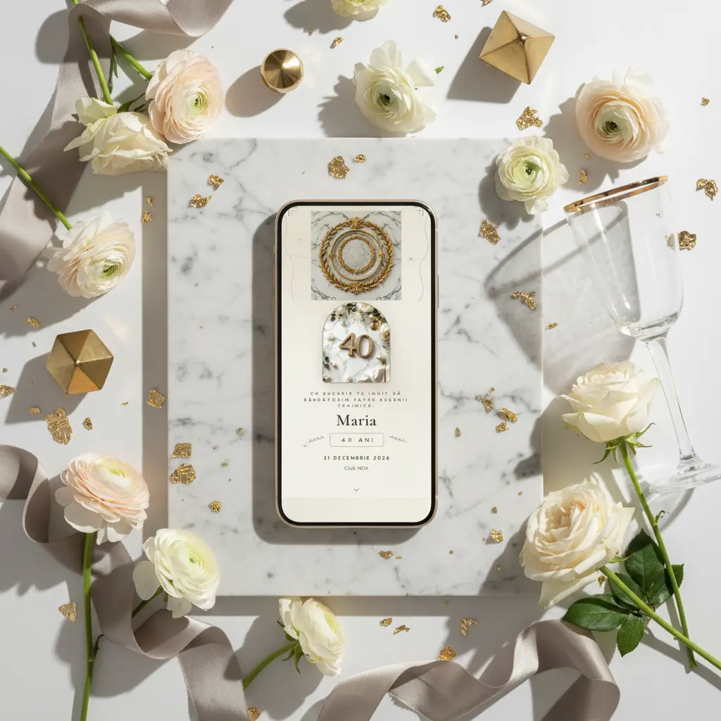 Invitație aniversare digitală model Marmură cu RSVP