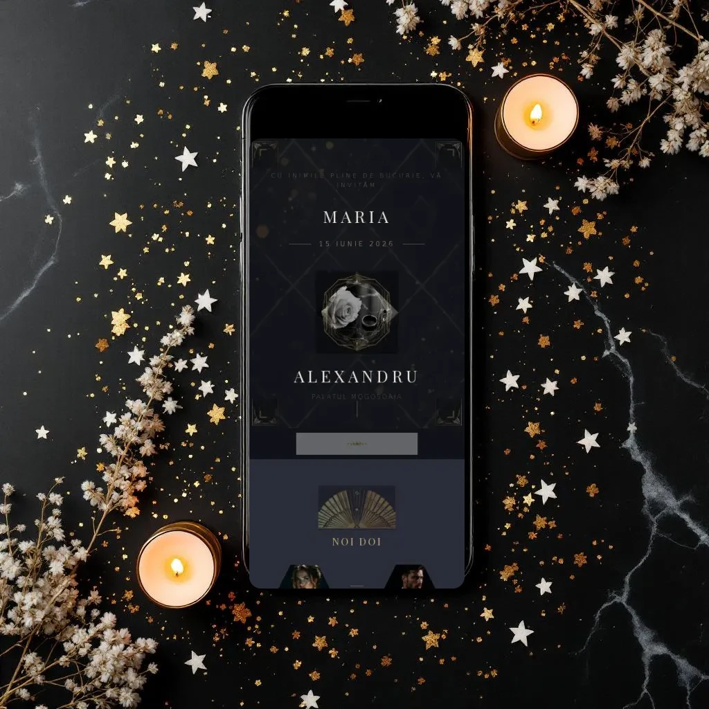 Invitație nuntă digitală model Noir cu RSVP