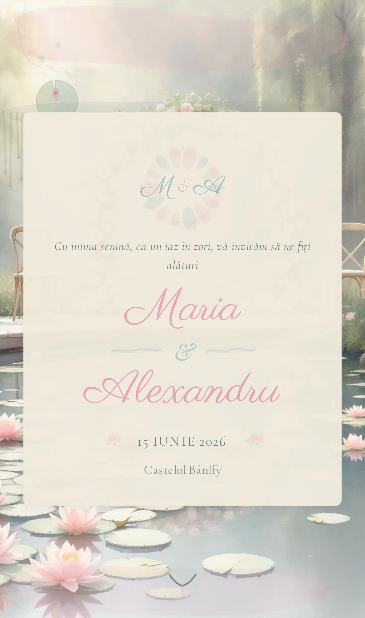 Invitație digitală de nuntă cu nuferi roz și pad-uri verzi pe un iaz pictat în stil impresionist Monet