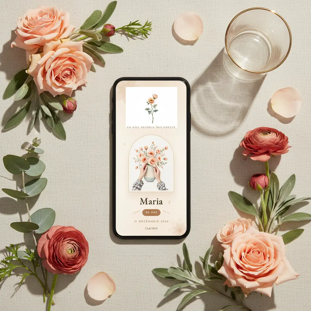 Invitație aniversare digitală model Petale cu RSVP