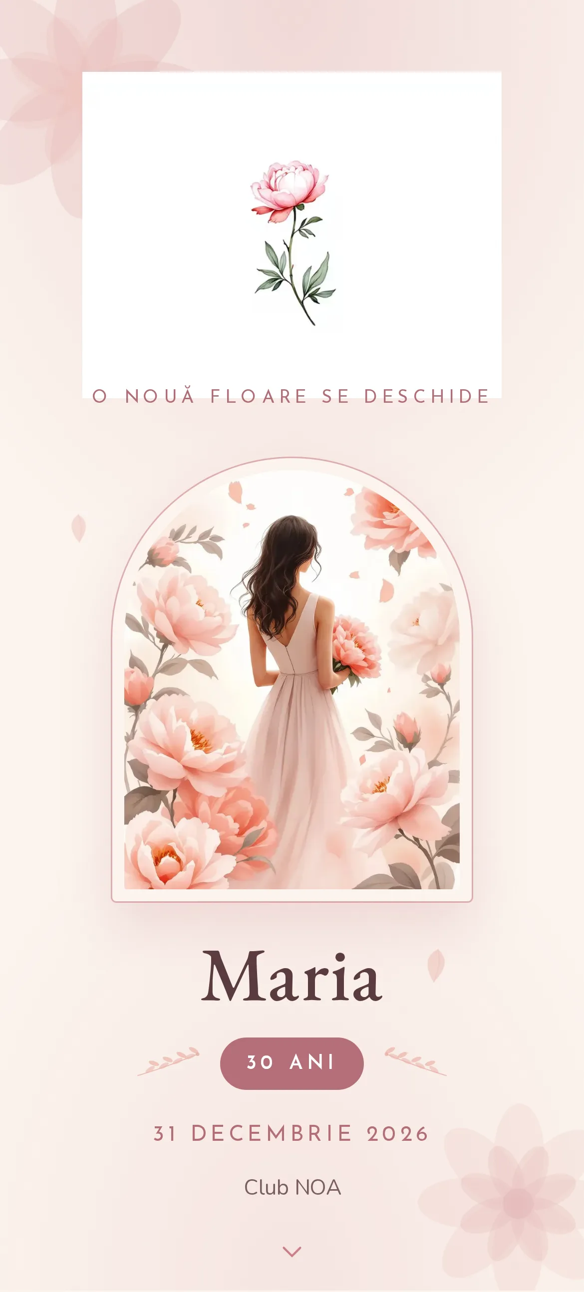 Invitație digitală de aniversare de 30 de ani cu flori în acuarelă și petale delicate