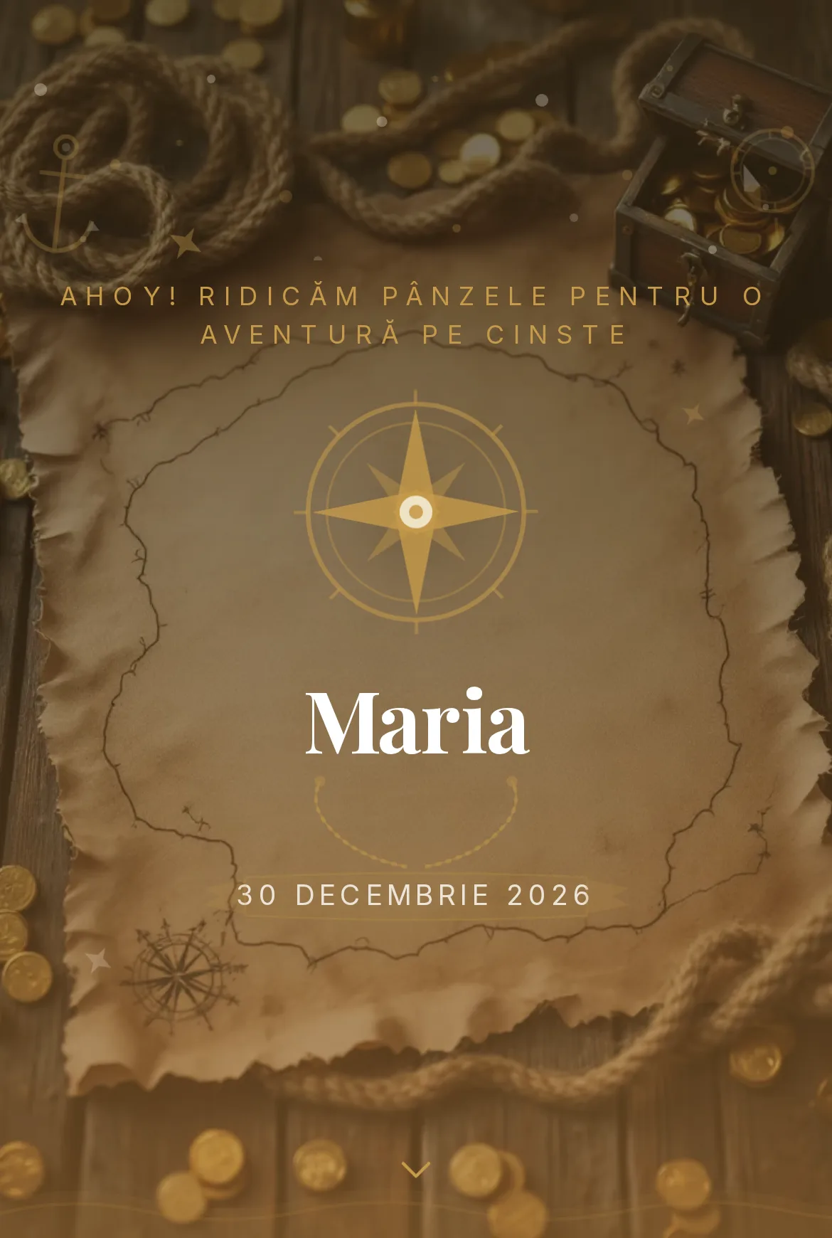 Invitație digitală de aniversare cu tematică de pirați, hartă a comorii și compas auriu