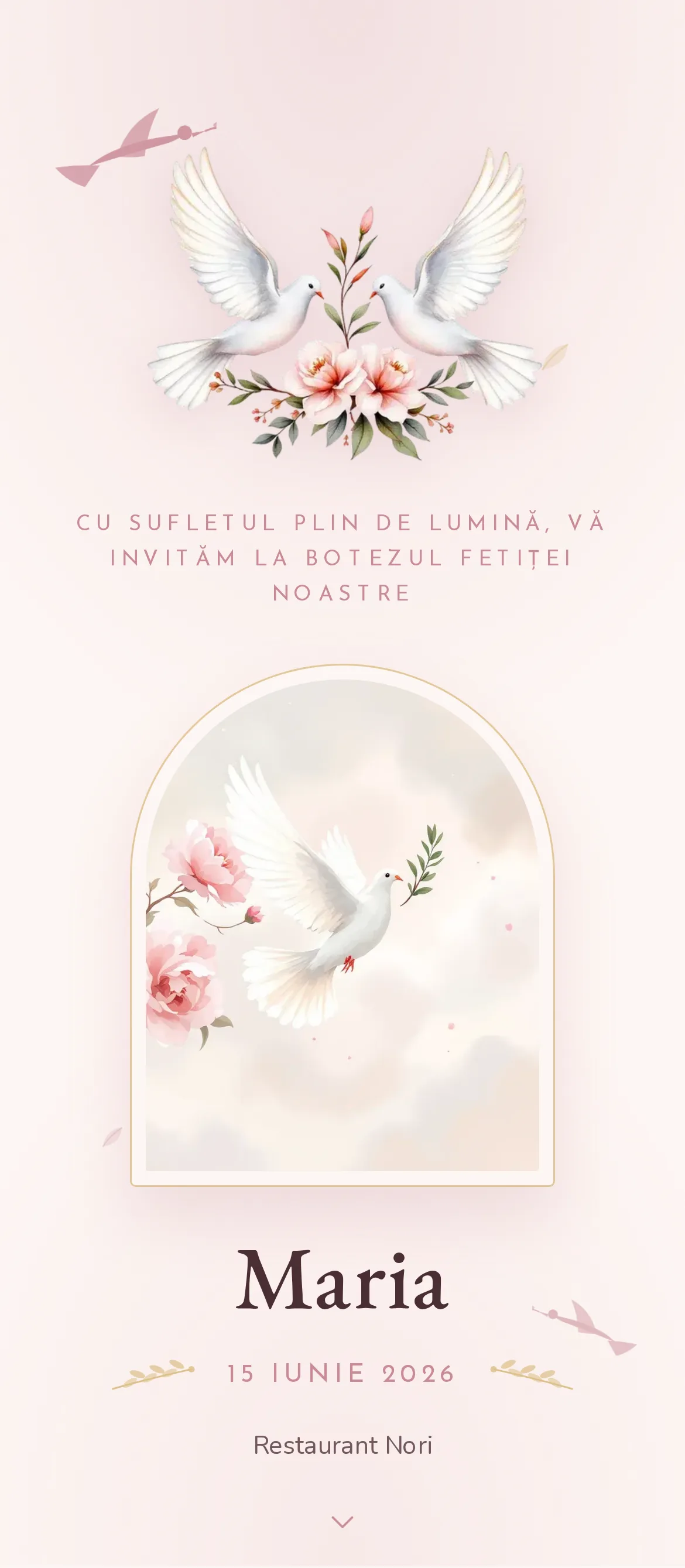 Invitație digitală de botez cu o porumbiță albă și petale delicate