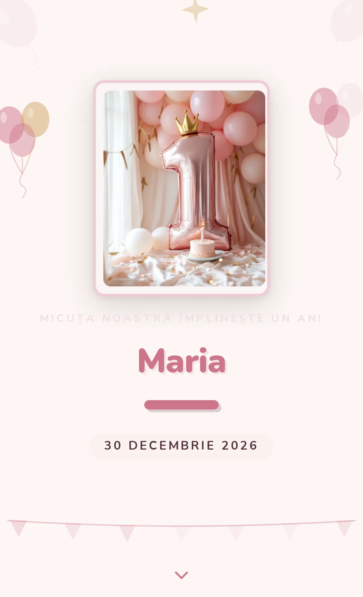 Invitație digitală pentru prima aniversare cu baloane pastelate și cifra unu aurie