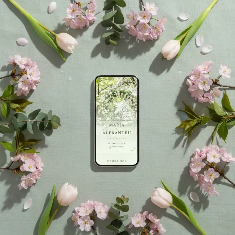 Invitație nuntă digitală model Primăvară cu RSVP