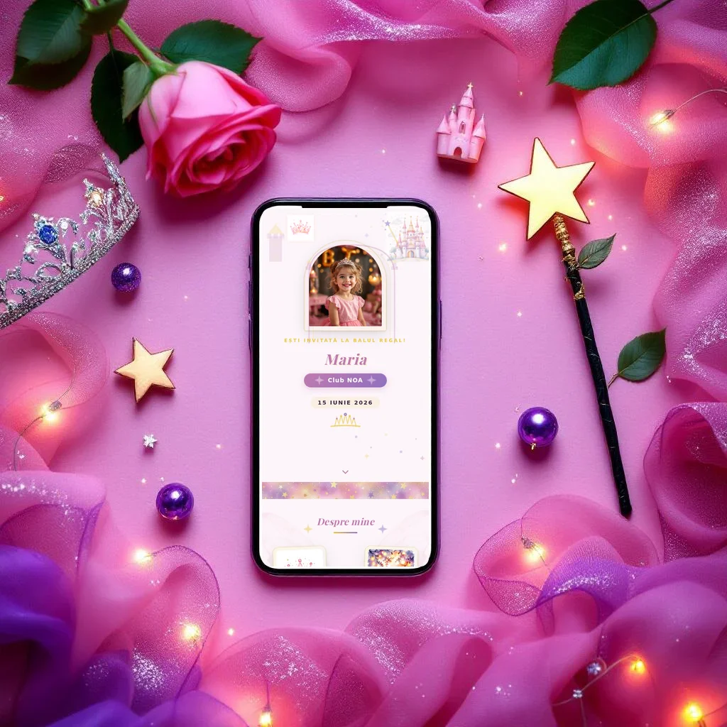 Invitație aniversare digitală model Prințesă cu RSVP