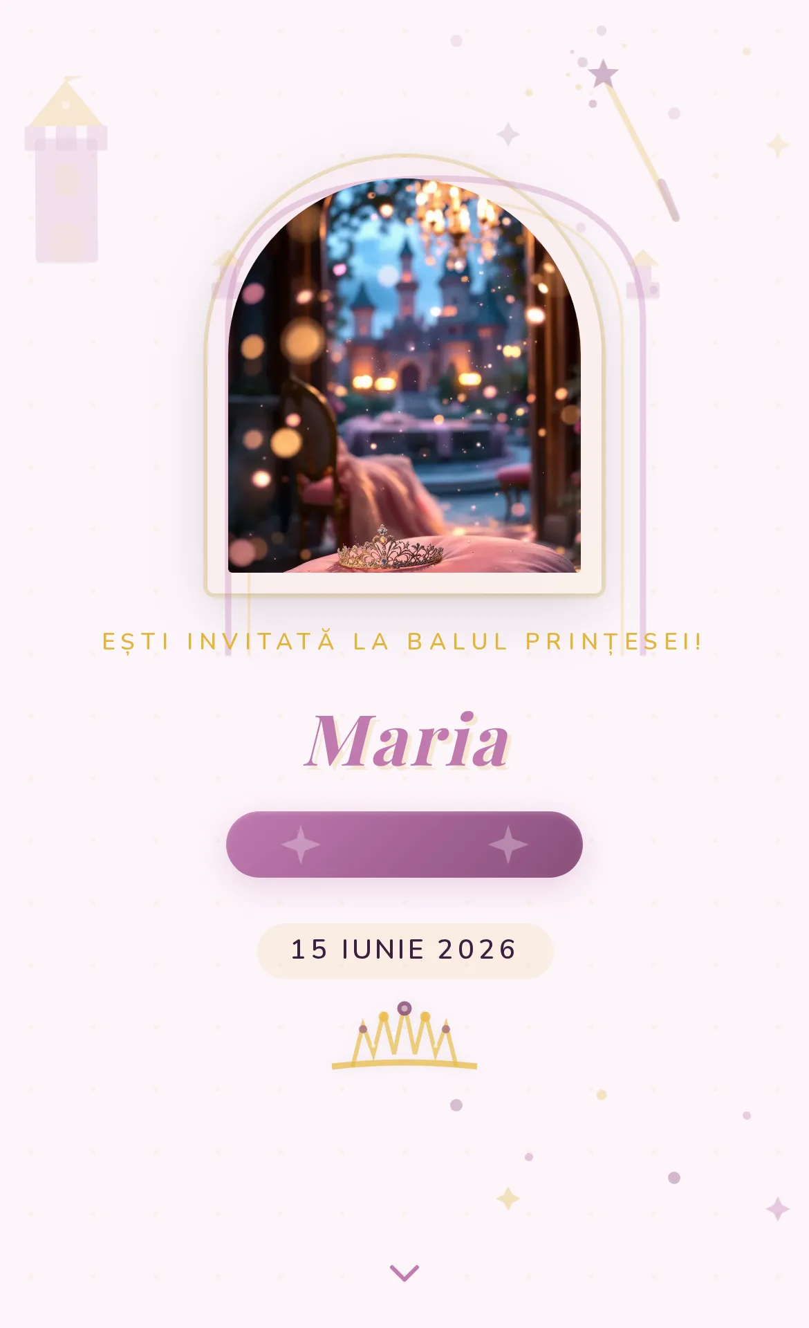Invitație digitală de aniversare cu temă de prințesă în nuanțe de roz