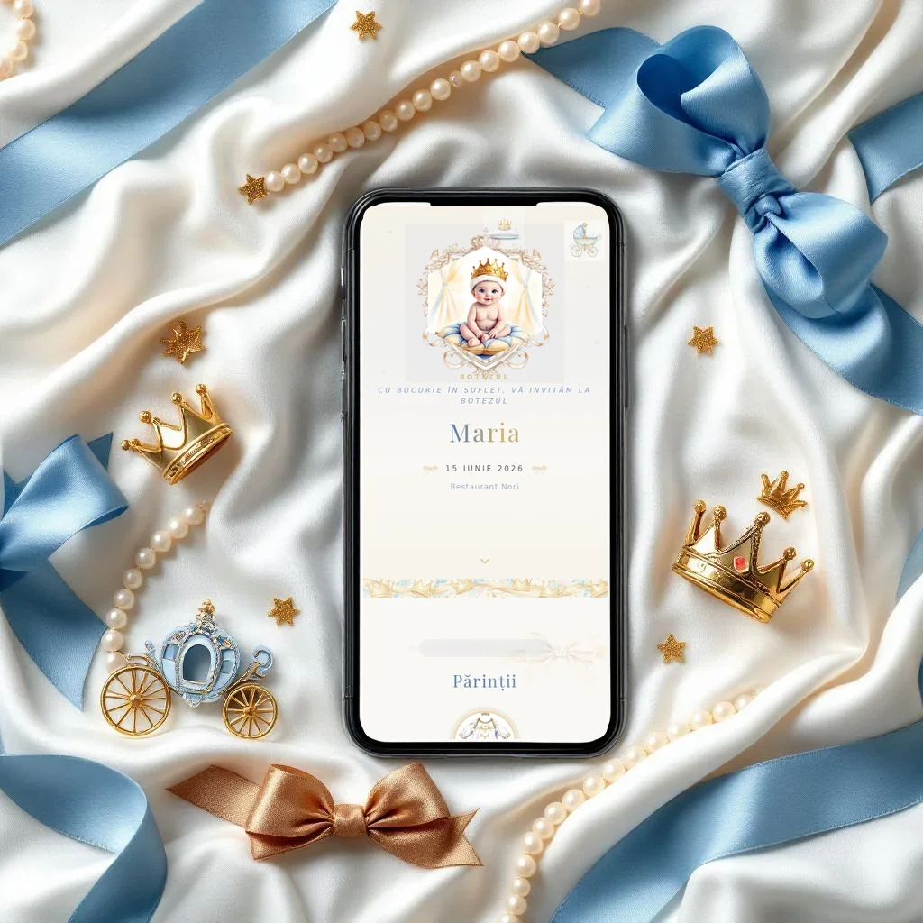 Invitație botez digitală model Prințișor cu RSVP