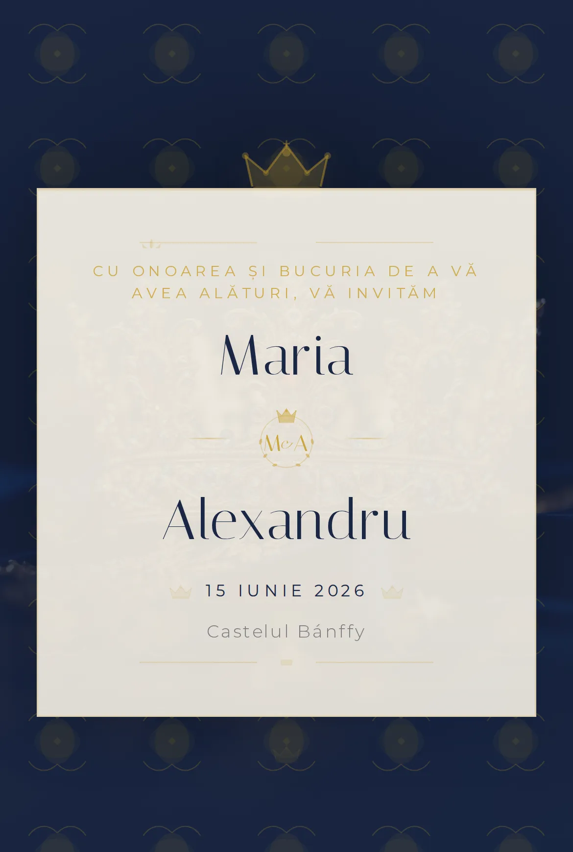 Invitație digitală de nuntă regală în bleumarin cu accente aurii