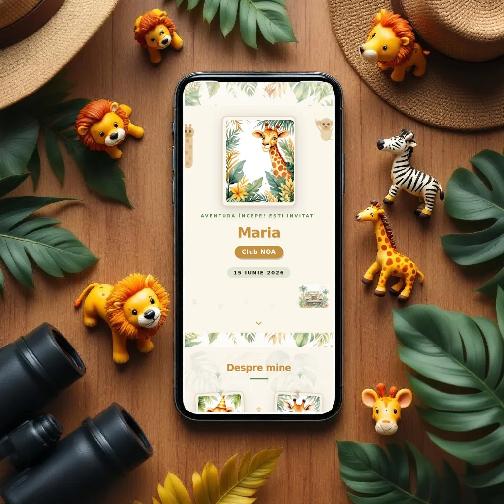 Invitație aniversare digitală model Safari cu RSVP