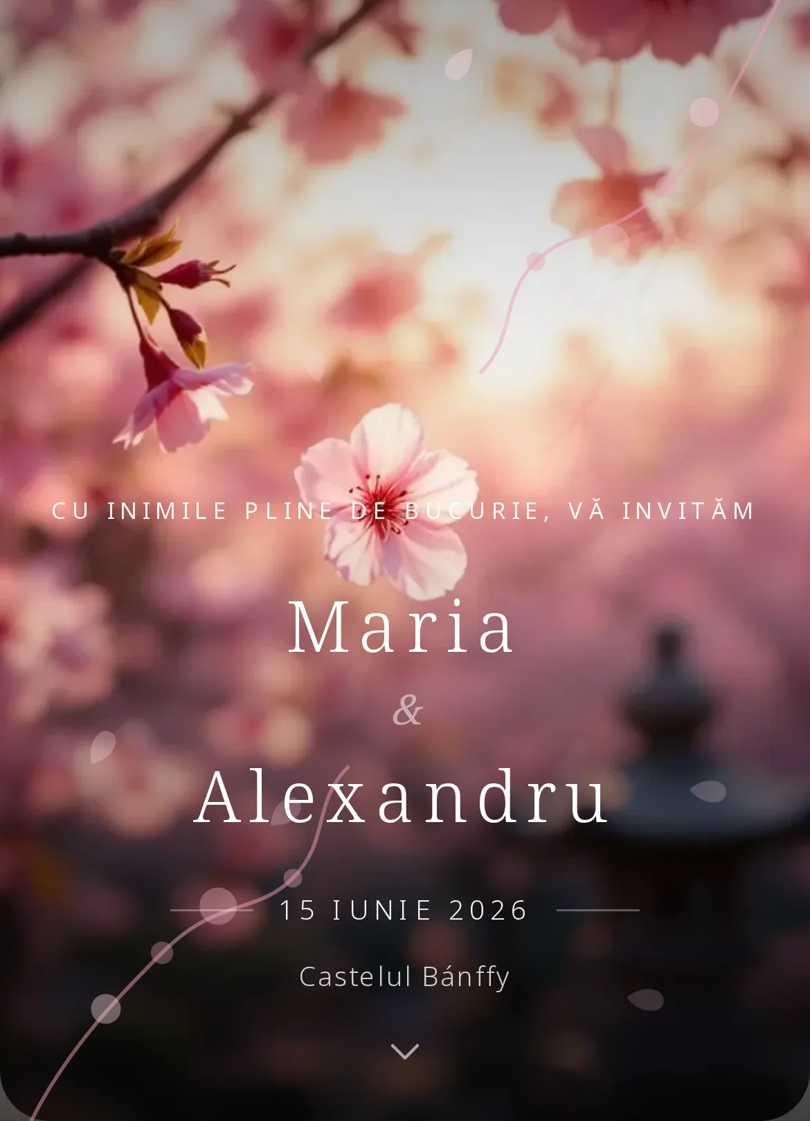 Invitație digitală de nuntă cu flori de cireș sakura în roz delicat
