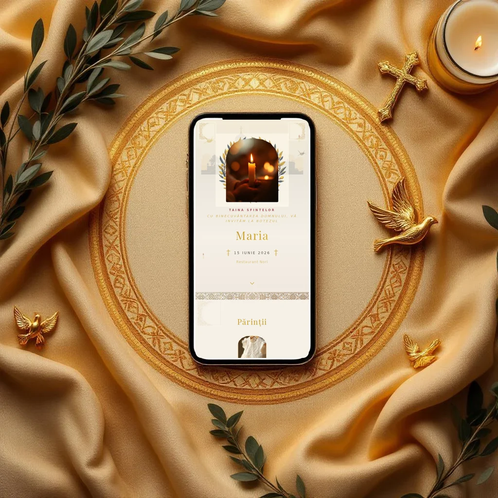 Invitație botez digitală model Serafim cu RSVP