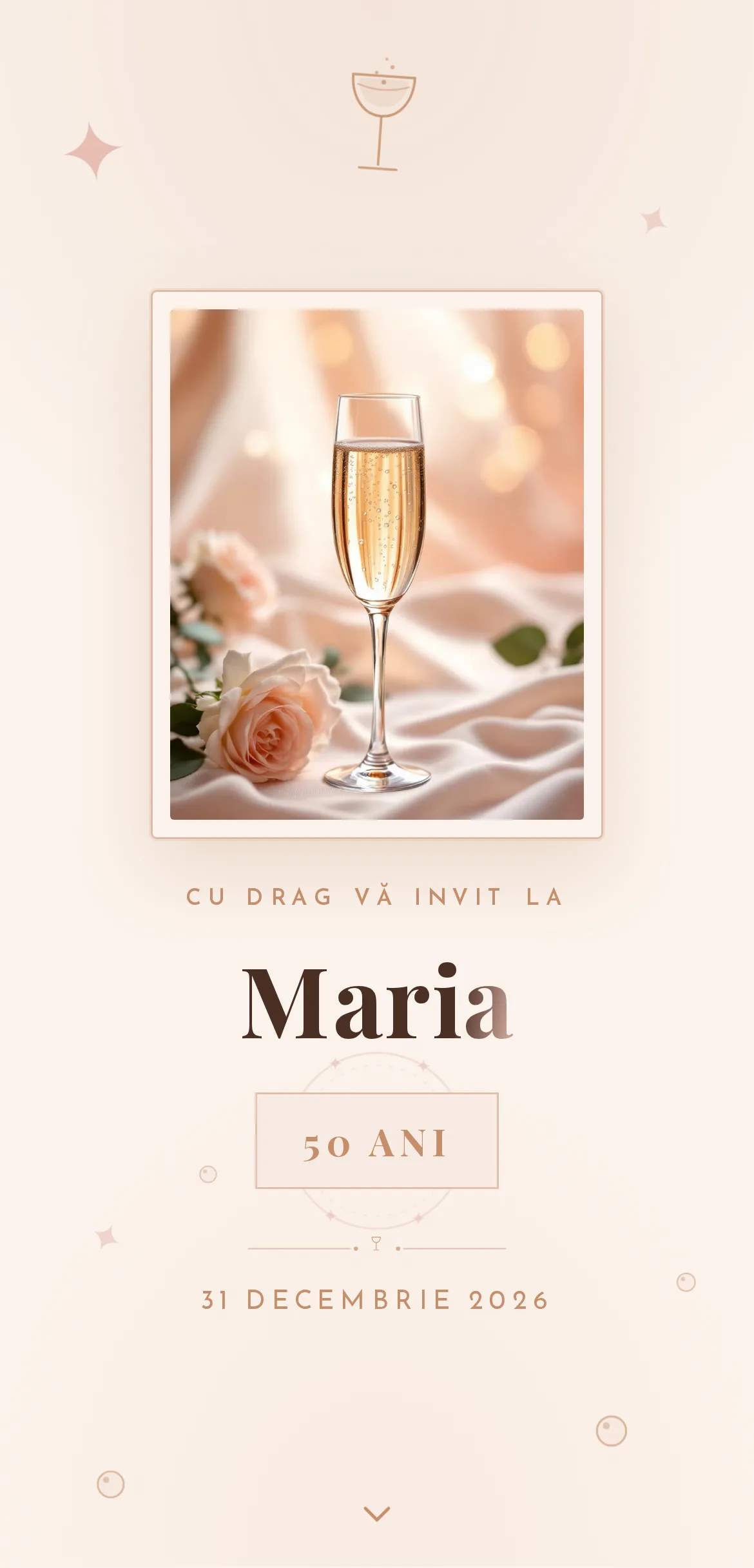 Invitație digitală de aniversare pentru 50 de ani cu pahar de șampanie și accente aurii