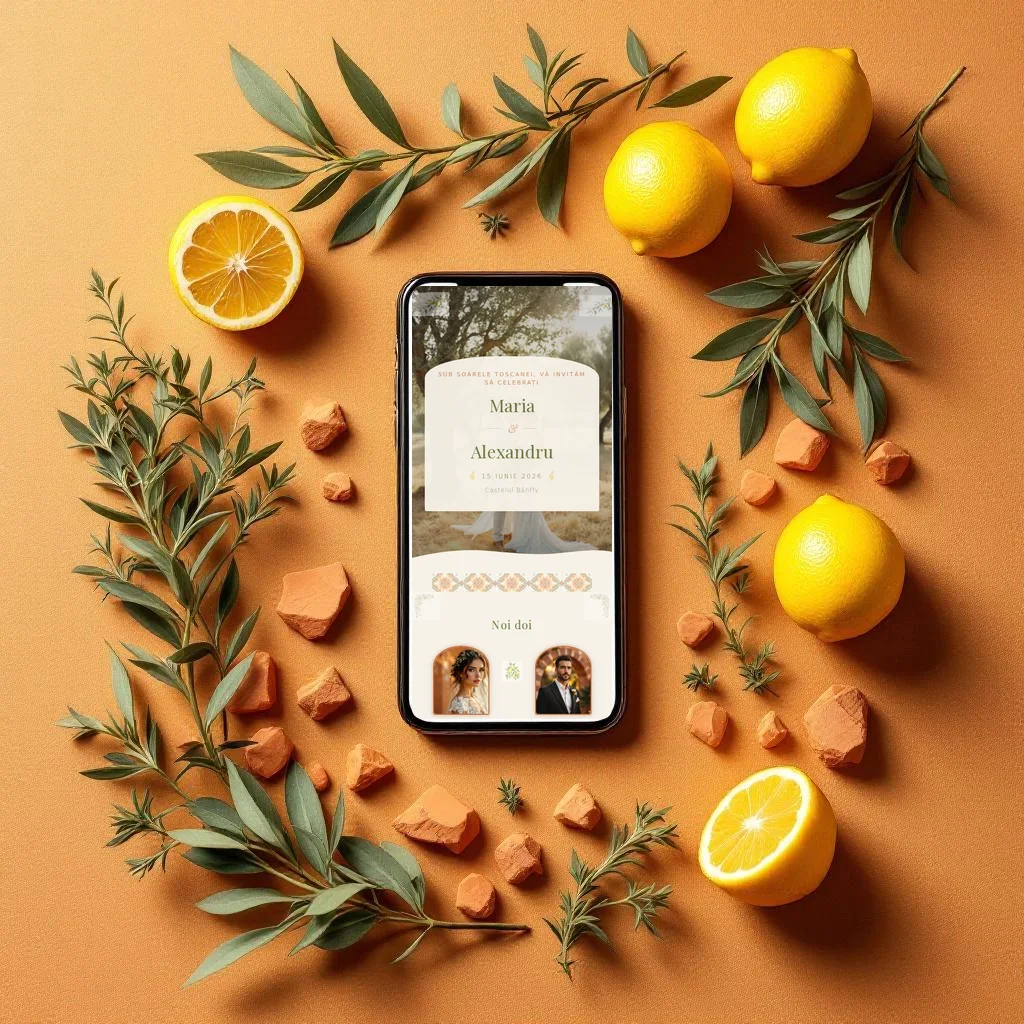 Invitație nuntă digitală model Toscana cu RSVP