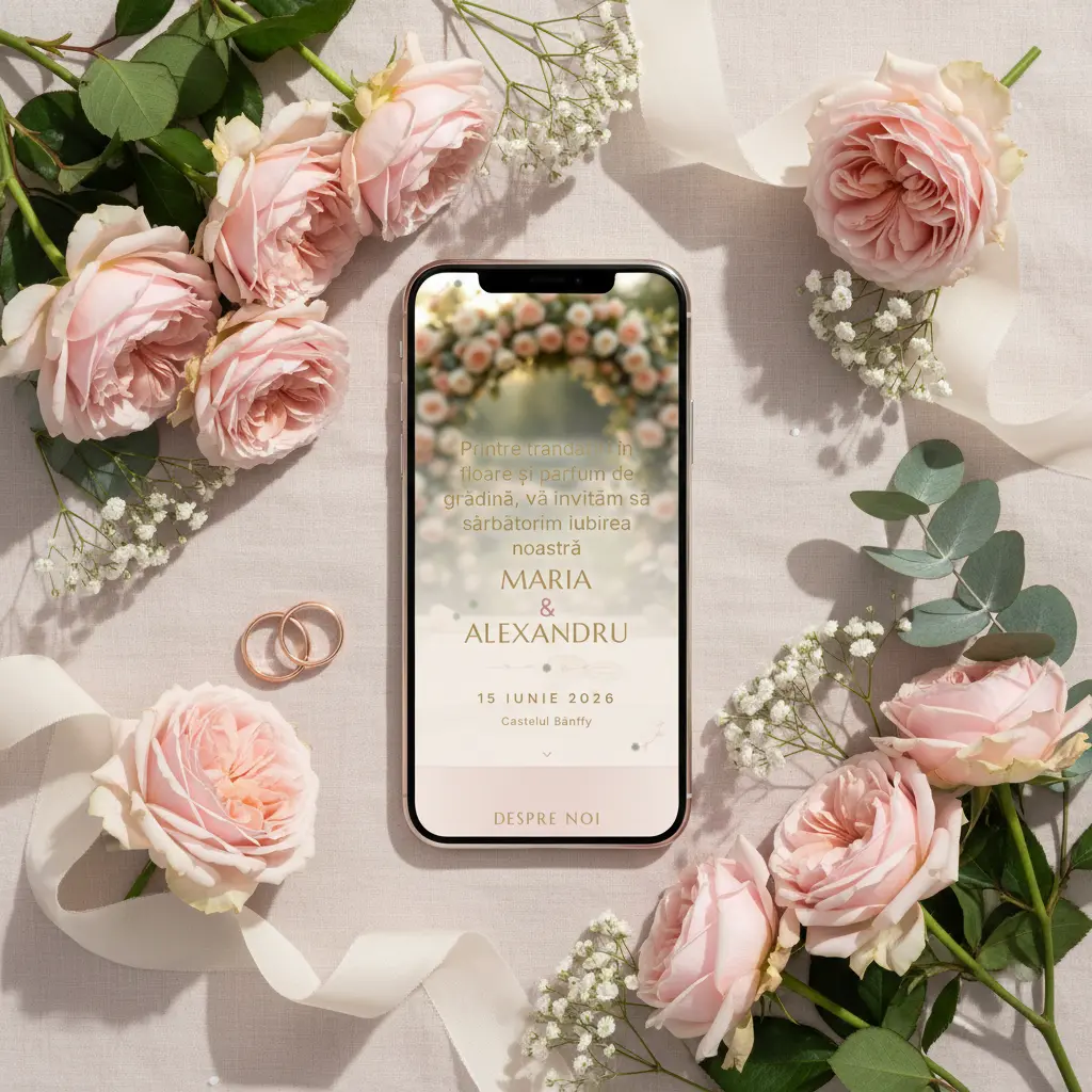 Invitație nuntă digitală model Trandafir cu RSVP