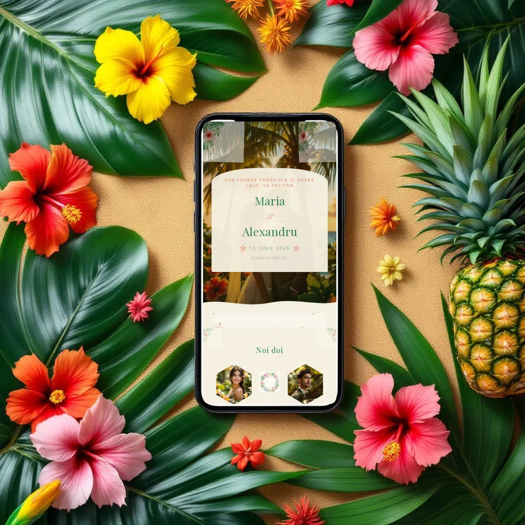 Invitație nuntă digitală model Tropicana cu RSVP
