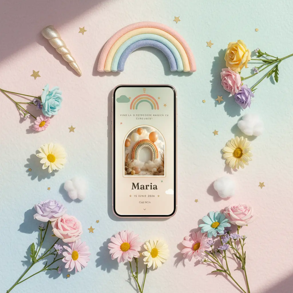 Invitație aniversare digitală model Unicorn cu RSVP