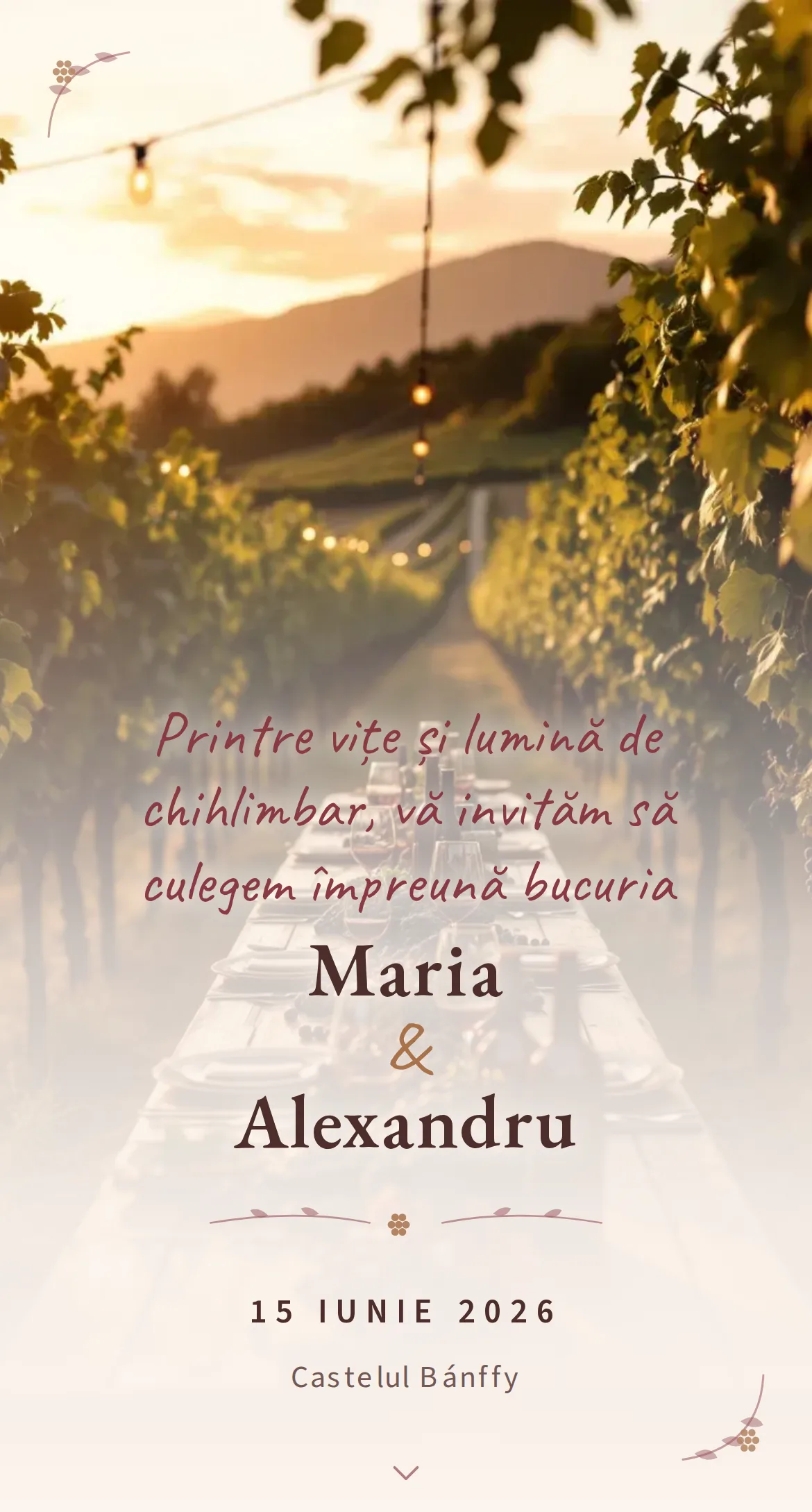 Invitație digitală de nuntă cu tematică de podgorie în nuanțe de vin