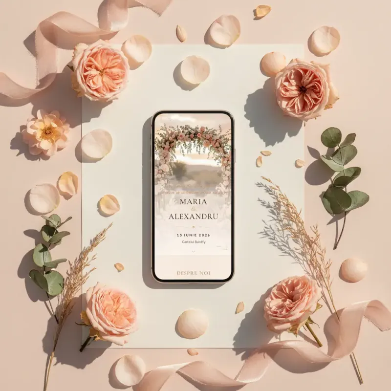 Invitație nuntă digitală model Zori cu RSVP